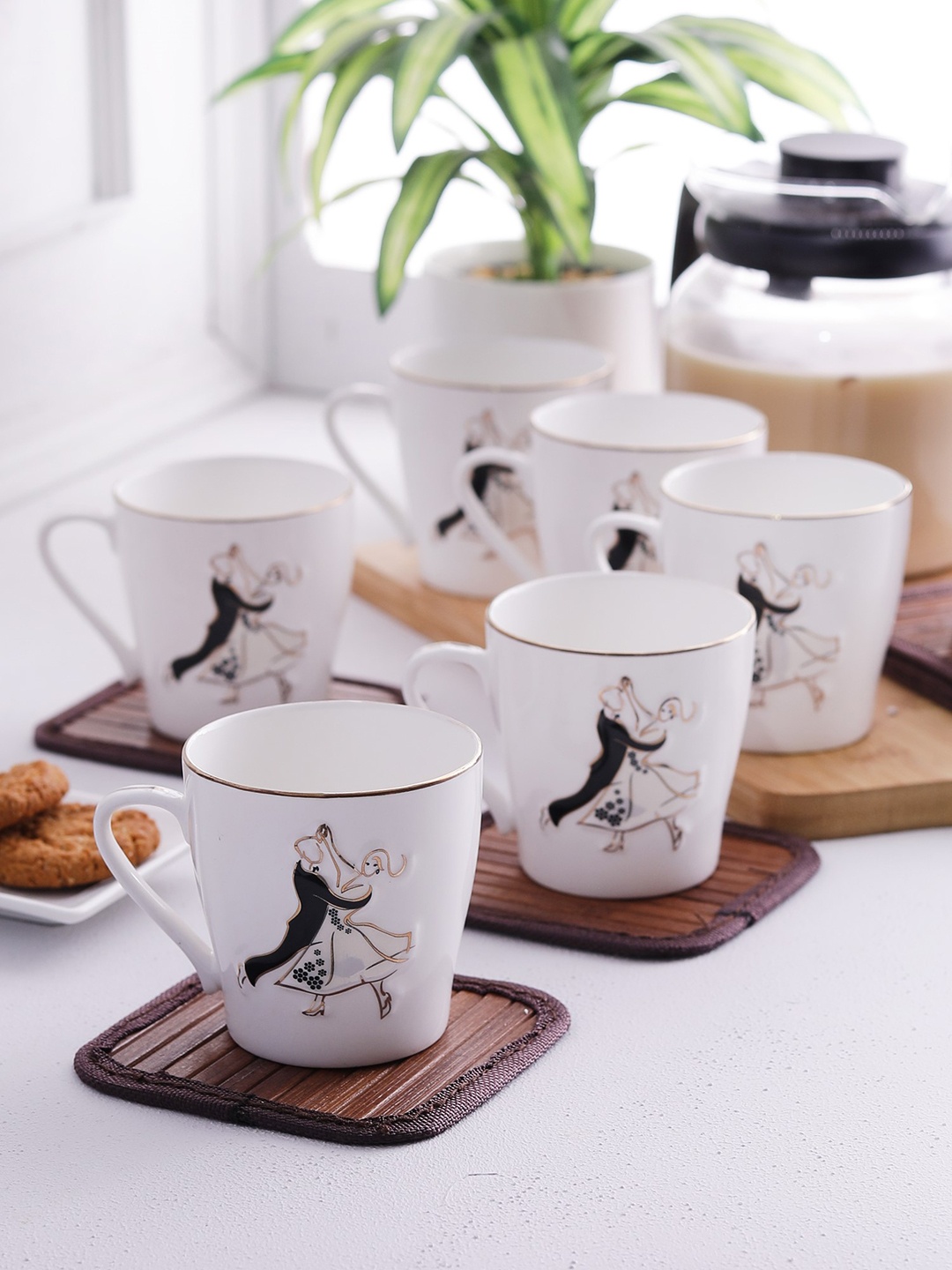 

CLAY CRAFT Set of 6 White Printed Ceramic Tea Cups