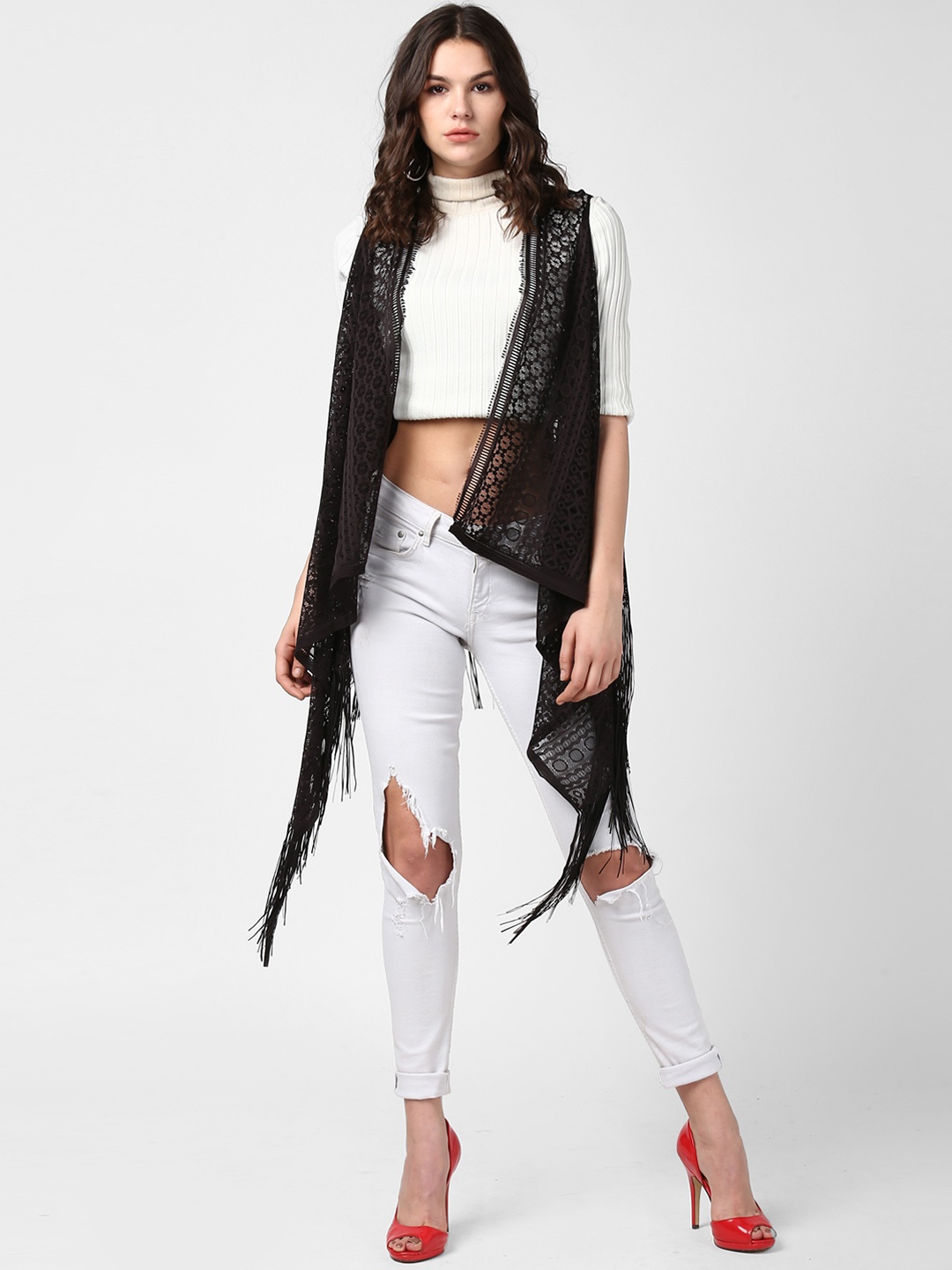 

StyleStone Women Black Self Design Open Front Shrug