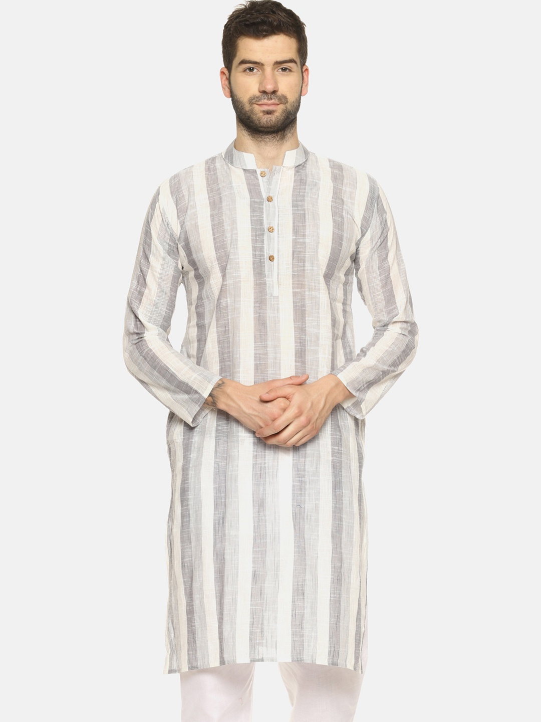 

PAROKSH Men Grey & Cream-Coloured Striped Straight Kurta