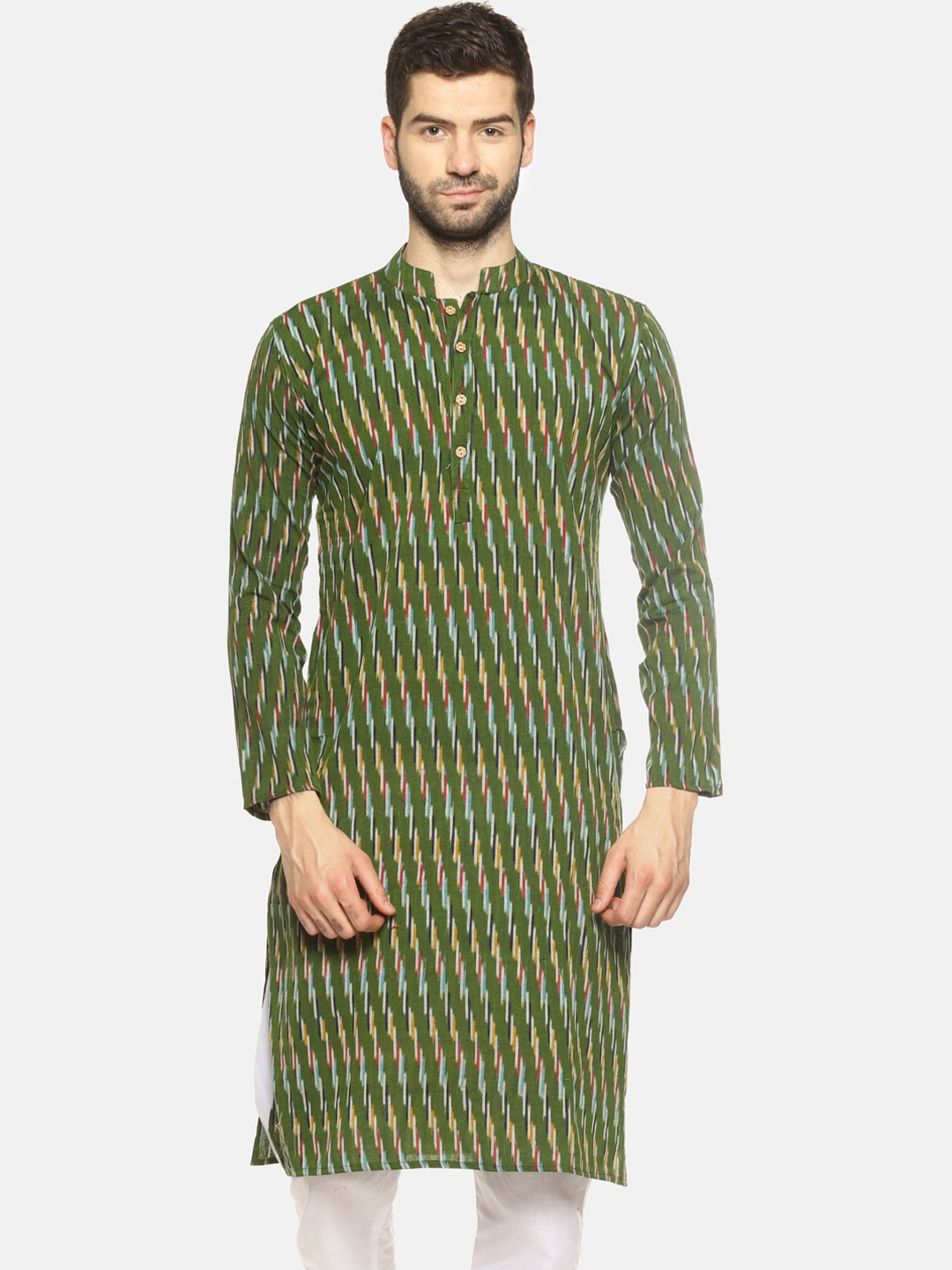 

PAROKSH Men Green & Red Ikat Striped Straight Kurta