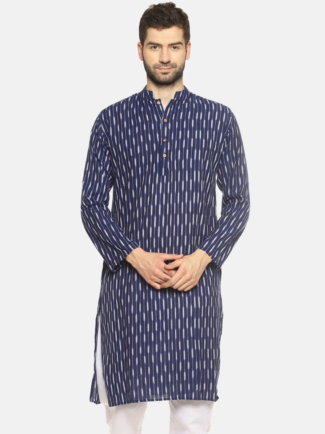 

PAROKSH Men Navy Blue Ikat Striped Straight Kurta