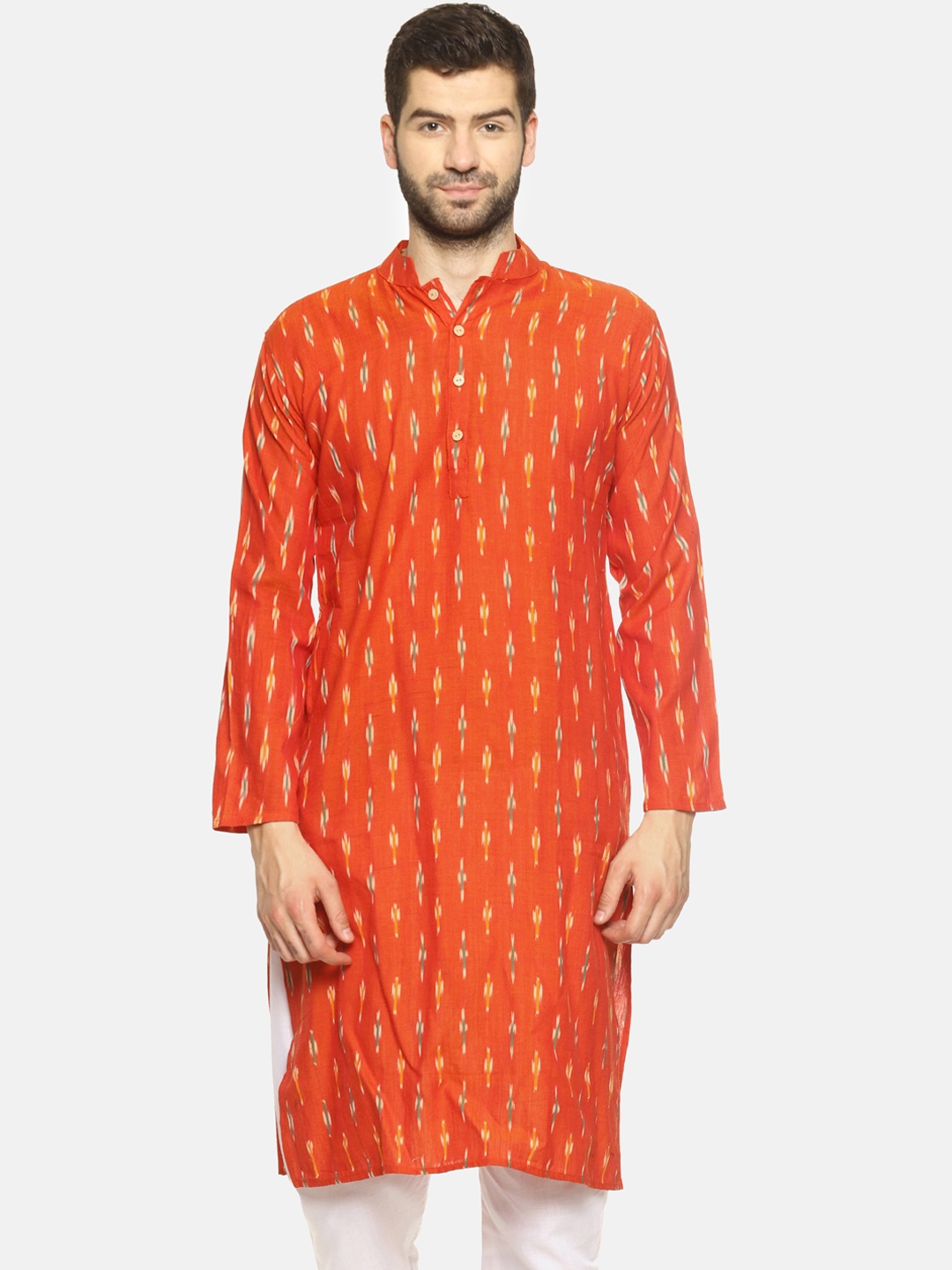 

PAROKSH Men Orange & Cream-Coloured Ikat Woven Design Straight Kurta