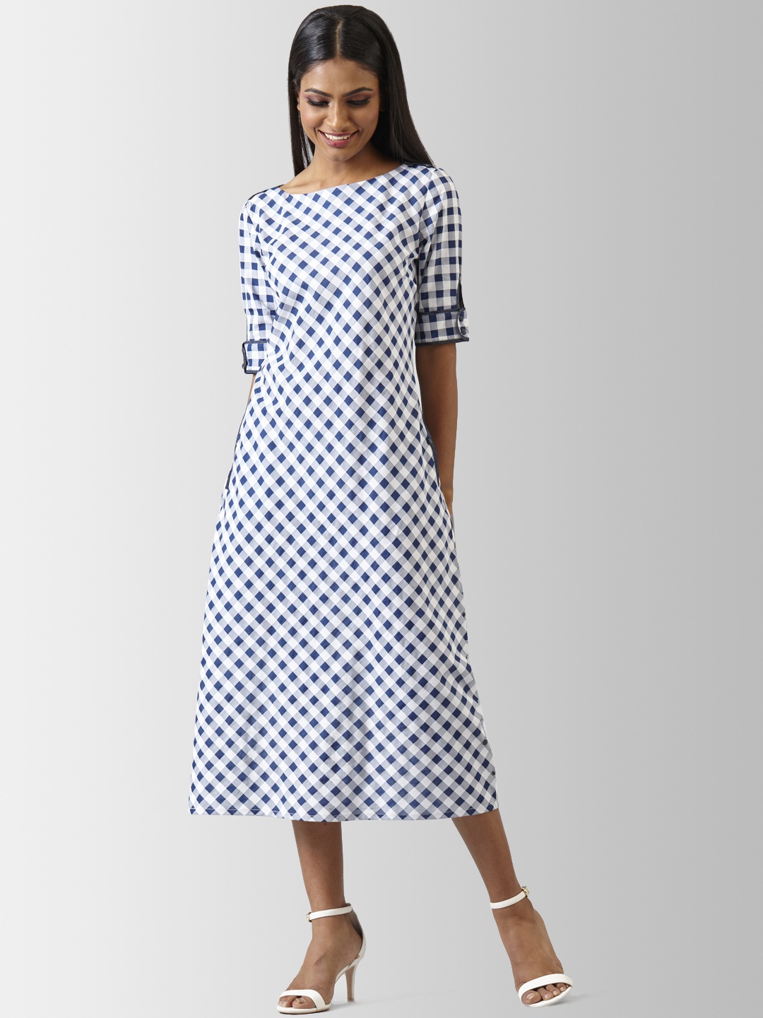 

FableStreet Women Blue & White Checked A-Line Dress