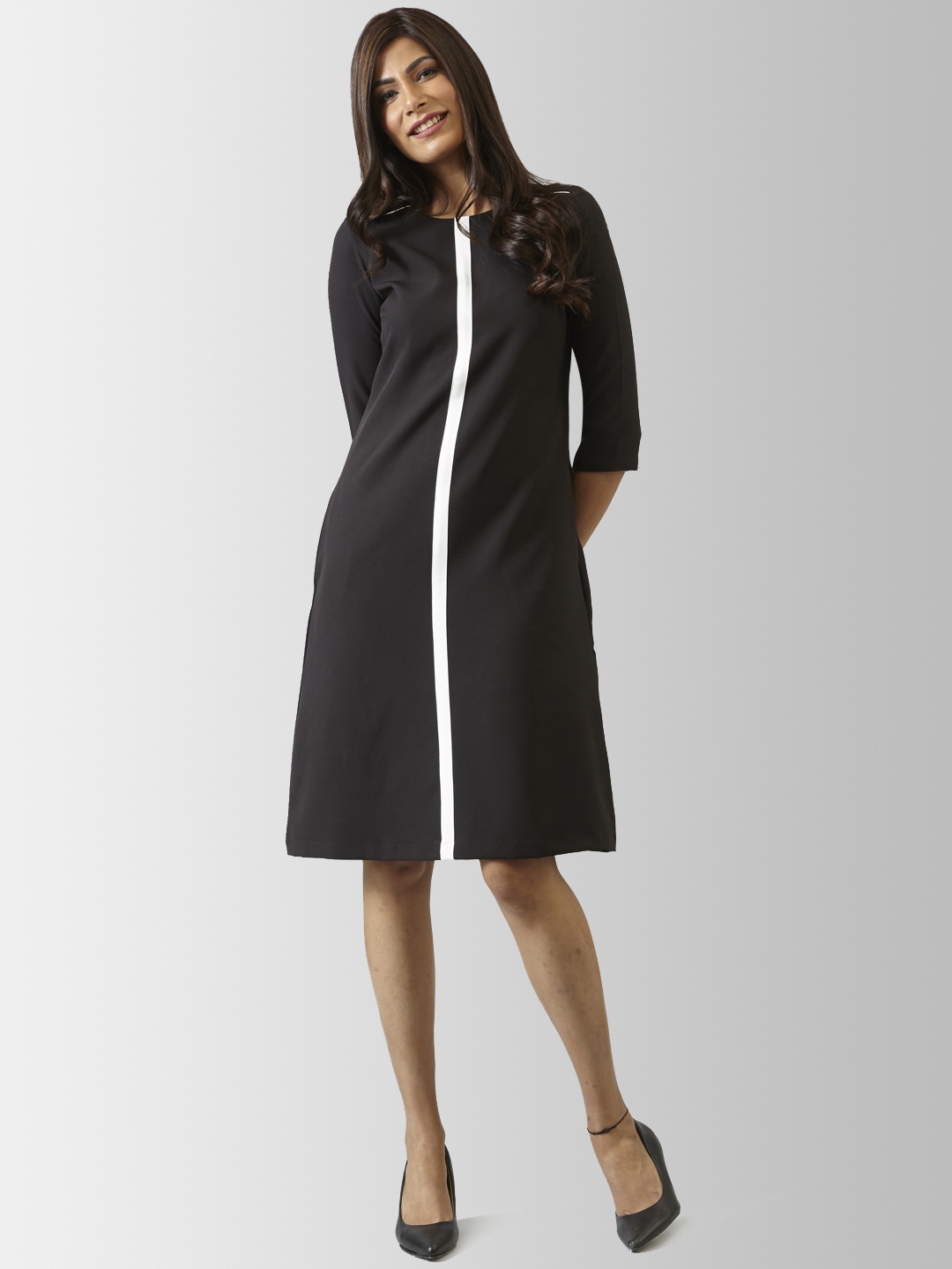 

FableStreet Women Black Striped A-Line Dress