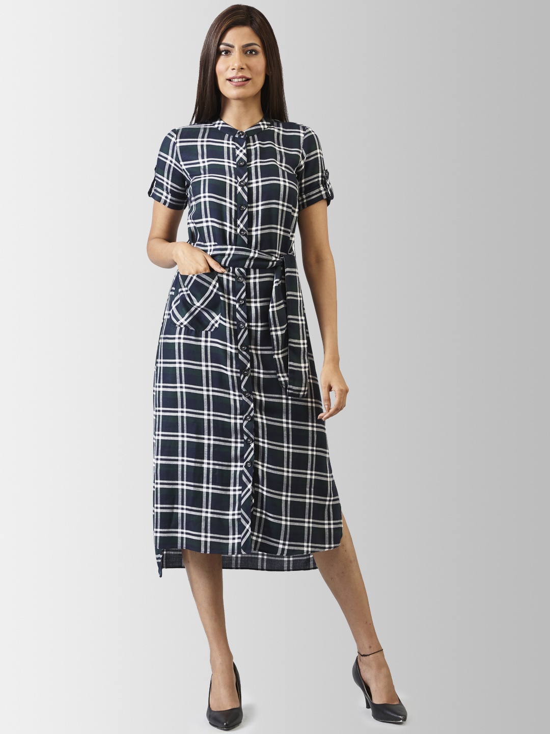

FableStreet Women Blue & White Checked Fit and Flare Dress