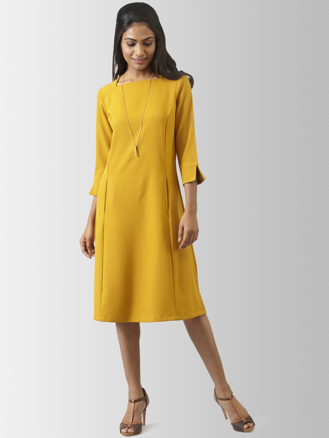 

FableStreet Women Mustard Yellow Solid A-Line Dress