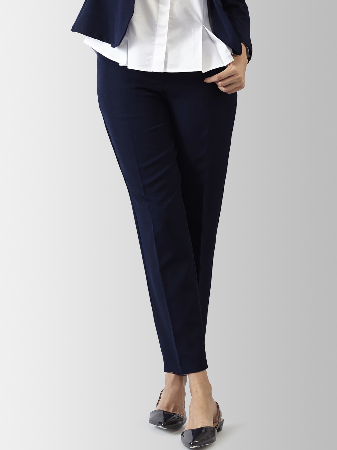 

FableStreet Women Navy Blue Regular Fit Solid Regular Trousers