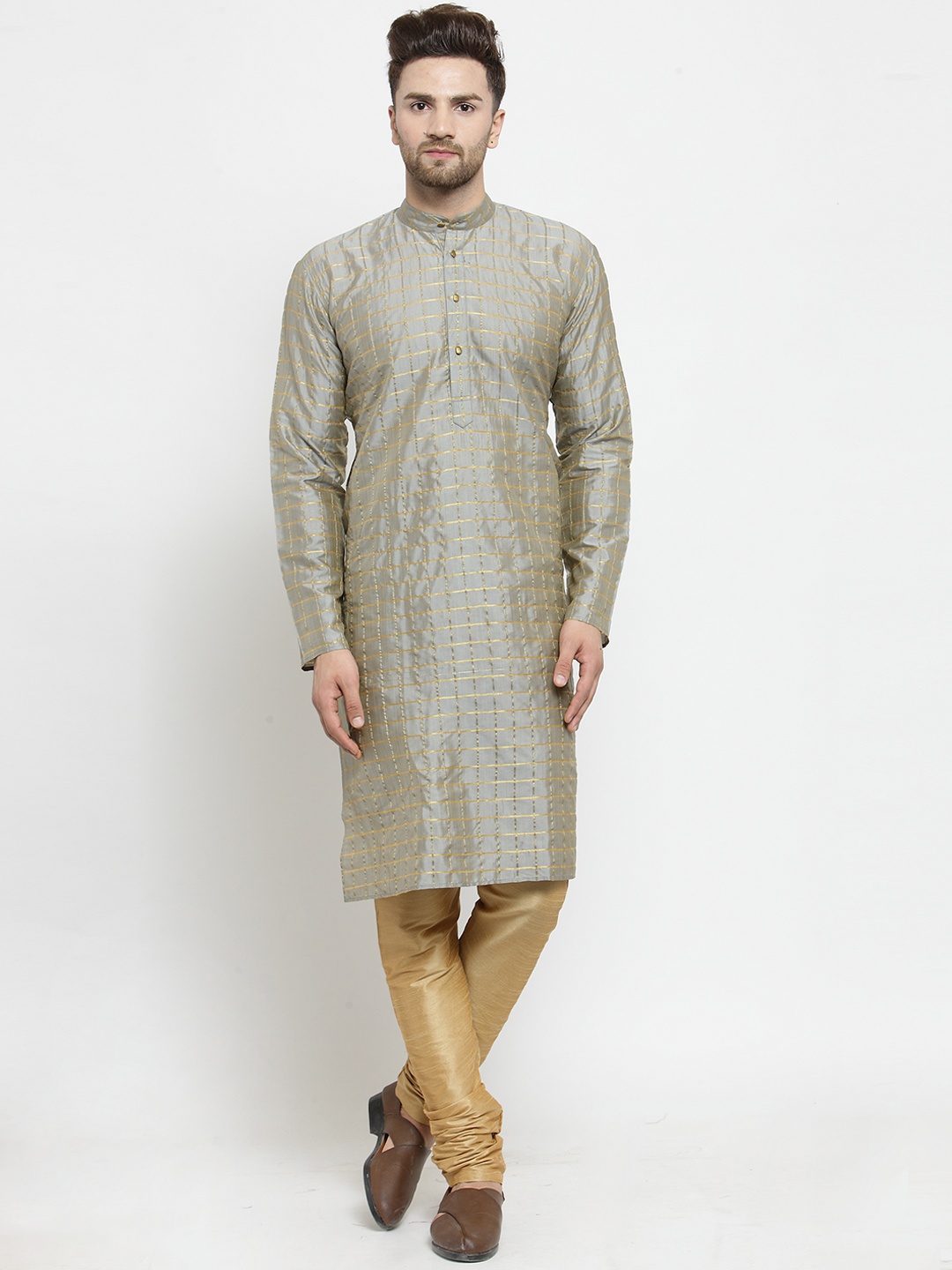 

SOJANYA Men Grey & Gold-Toned Checked Kurta with Churidar
