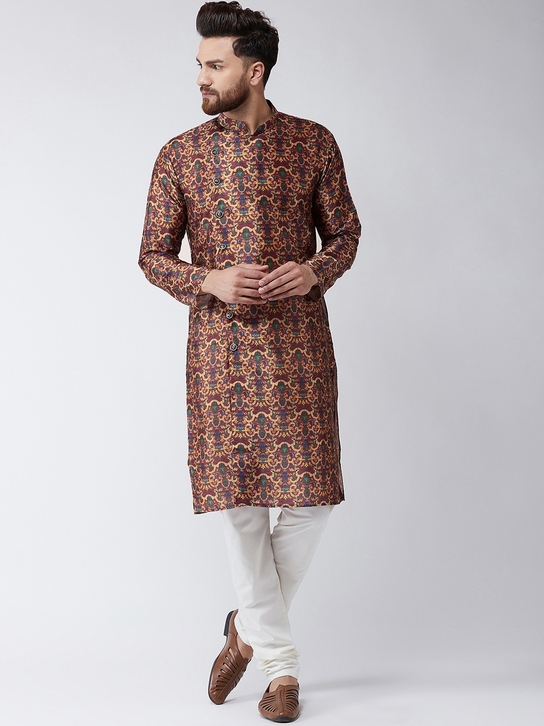 

SOJANYA Men Maroon & Off-White Printed Kurta with Churidar