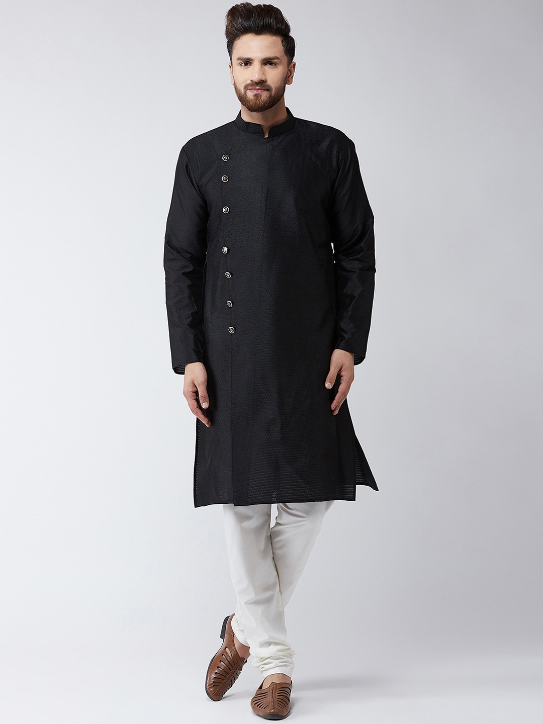 

SOJANYA Men Black & Off-White Woven Design Kurta with Churidar