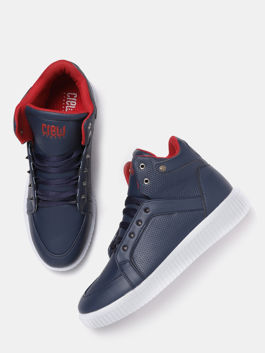 

Crew STREET Men Navy Blue Textured Mid-Top Sneakers