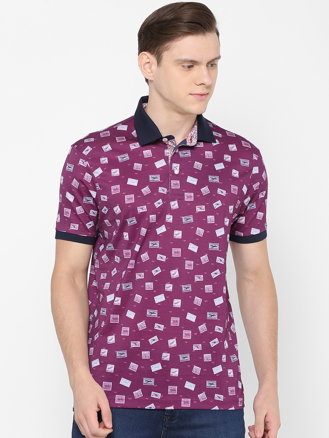 

SIMON CARTER LONDON Men Purple Printed Polo Collar Pure Cotton T-shirt