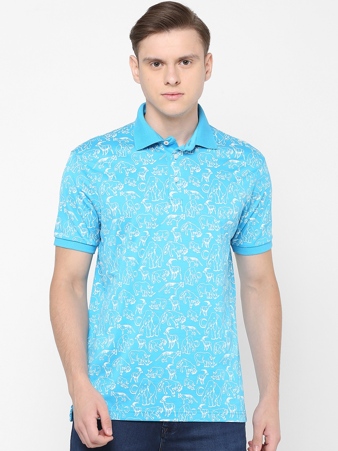 

SIMON CARTER LONDON Men Blue Printed Polo Collar Pure Cotton T-shirt