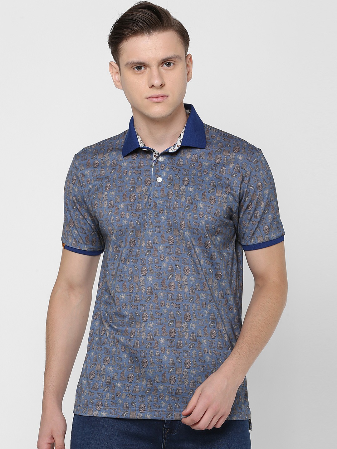 

SIMON CARTER LONDON Men Blue Printed Polo Collar Pure Cotton T-shirt