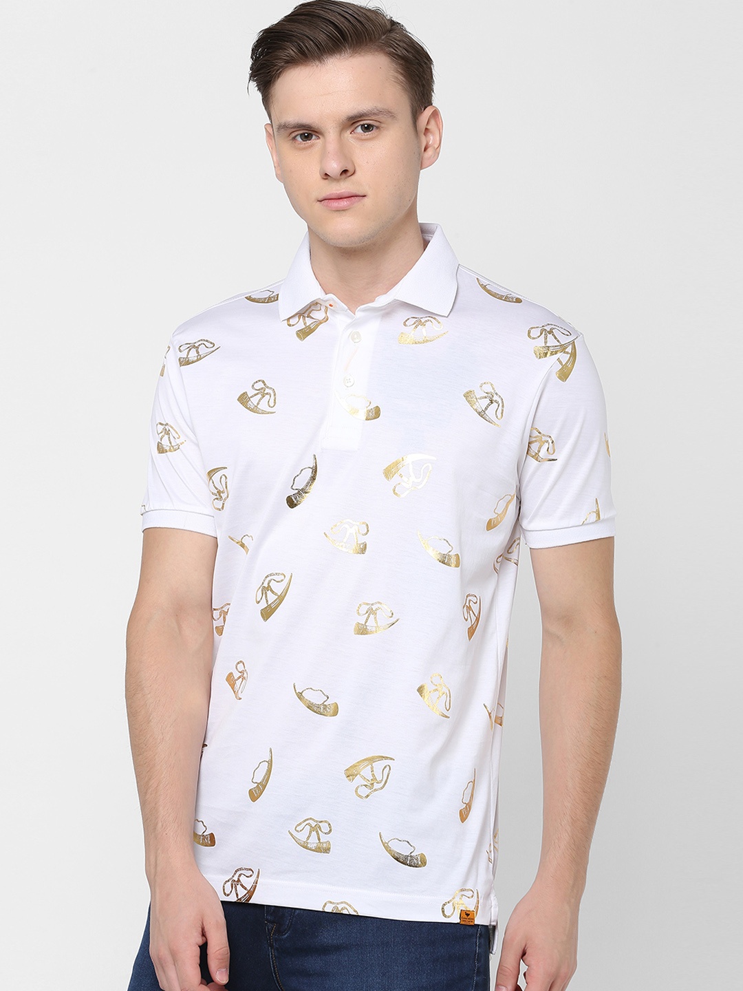 

SIMON CARTER LONDON Men White Printed Polo Collar Pure Cotton T-shirt