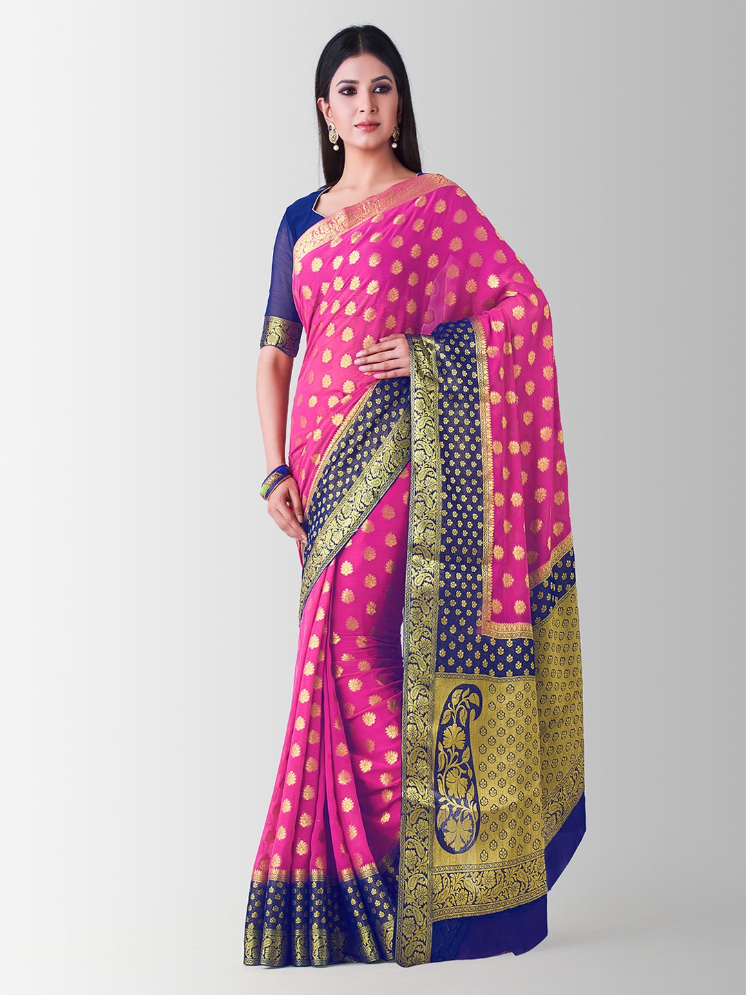 

MIMOSA Pink Poly Chiffon Embellished Kanjeevaram Saree