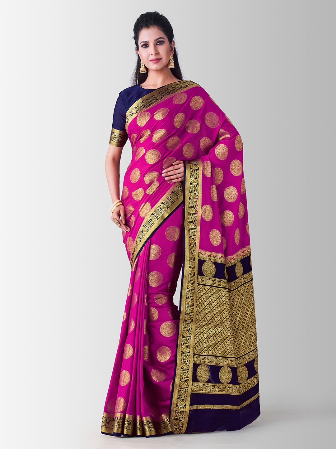 

MIMOSA Pink & Navy Blue Poly Crepe Woven Design Mysore Silk Saree
