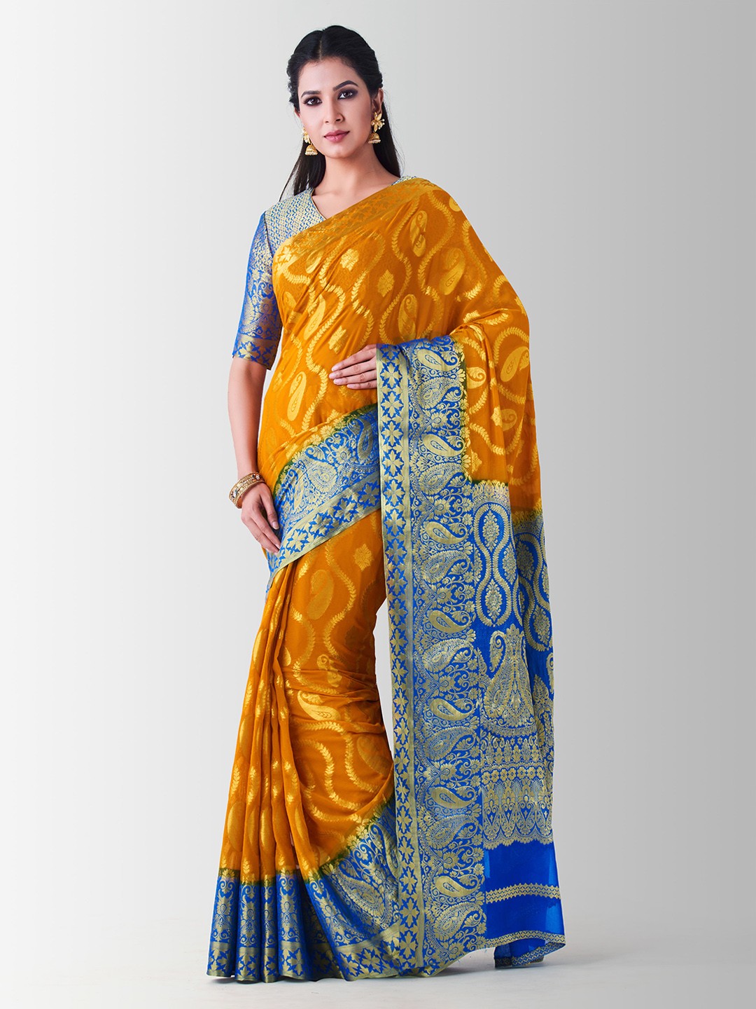

MIMOSA Orange & Blue Poly Chiffon Woven Design Kanjeevaram Saree