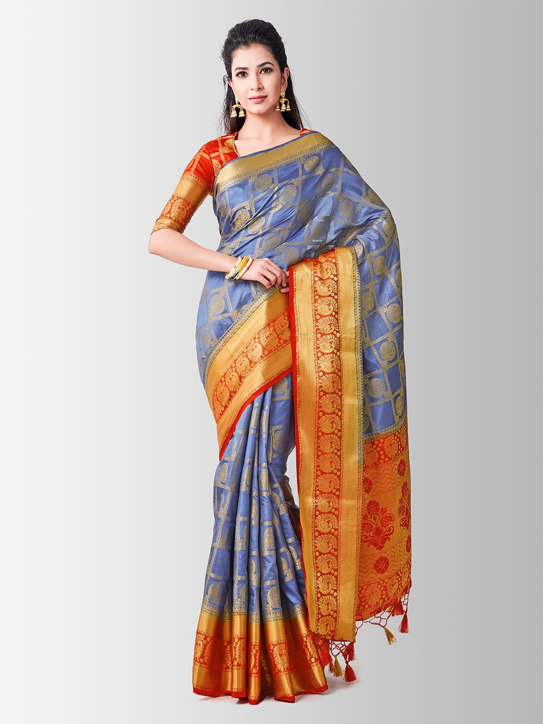 

MIMOSA Blue & Red Art Silk Woven Design Kanjeevaram Saree