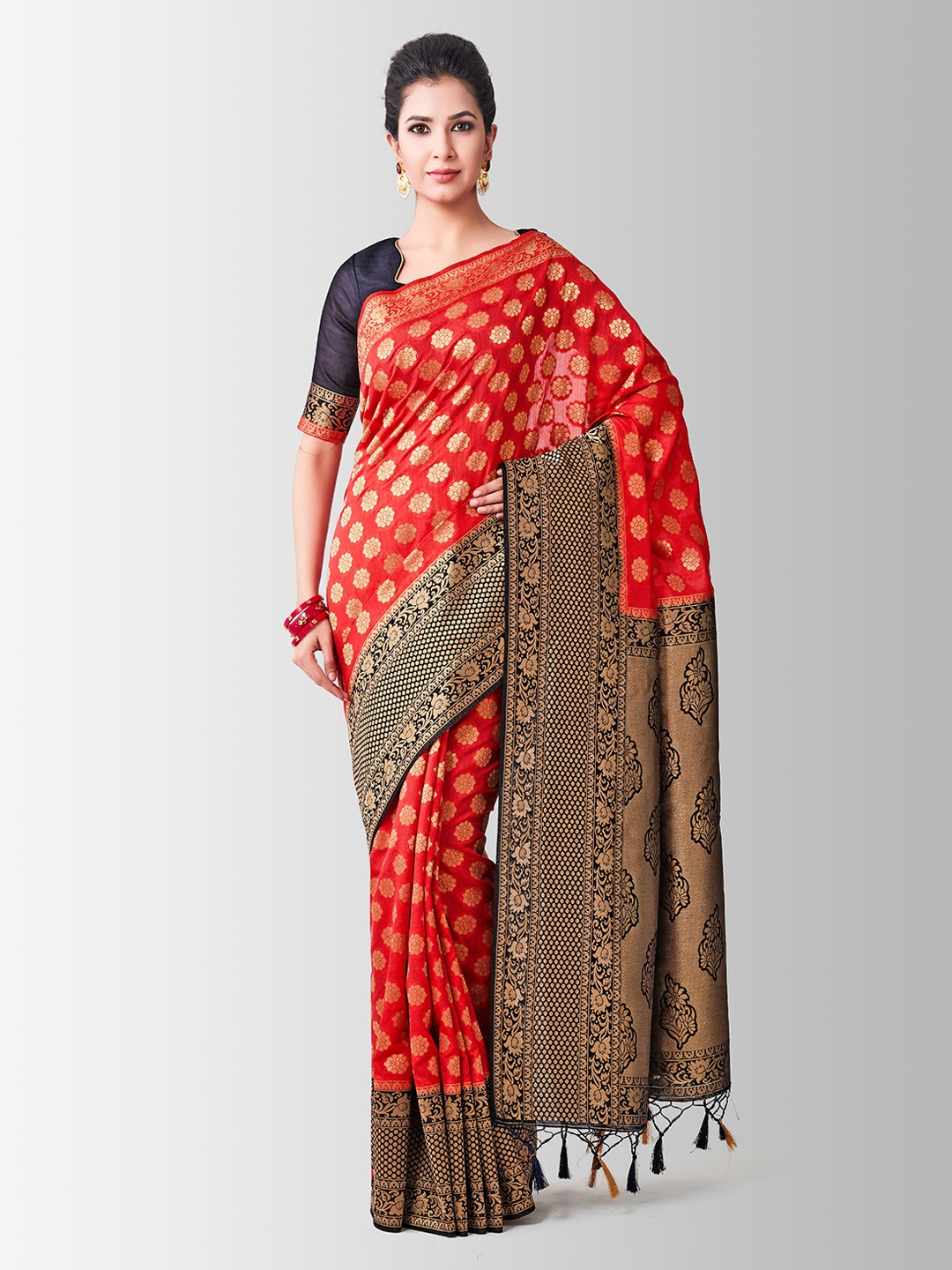 MIMOSA Red & Navy Blue Art Silk Woven Design Kanjeevaram Saree