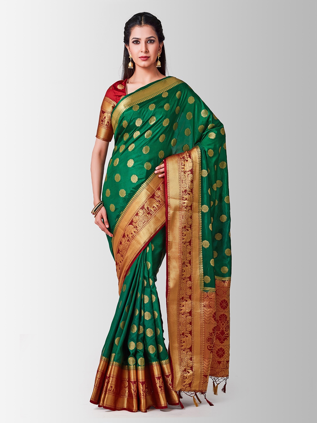 

MIMOSA Green & Red Art Silk Woven Design Kanjeevaram Saree