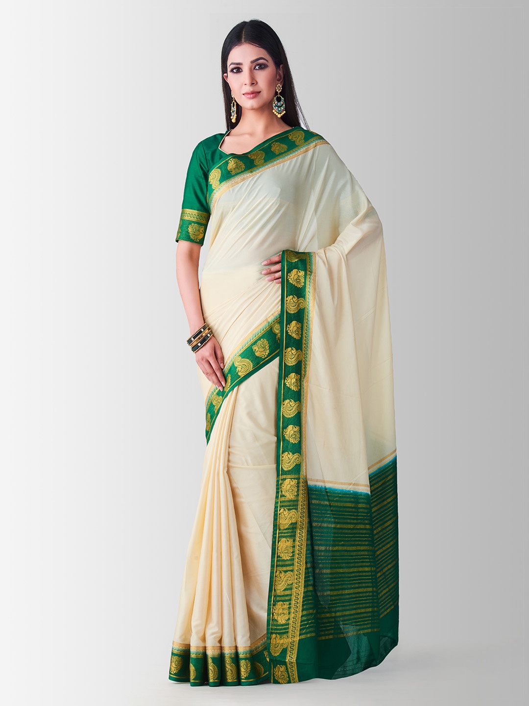 

MIMOSA Beige & Green Poly Crepe Solid Mysore Silk Saree