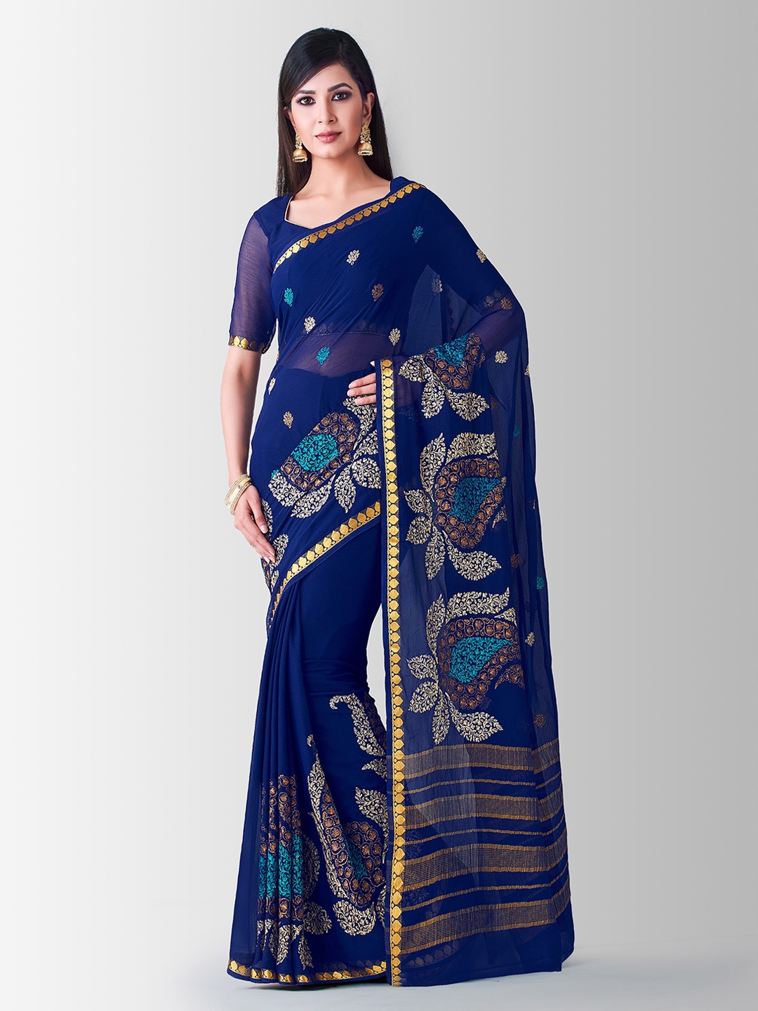 

MIMOSA Navy Blue Poly Chiffon Embroidered Banarasi Saree