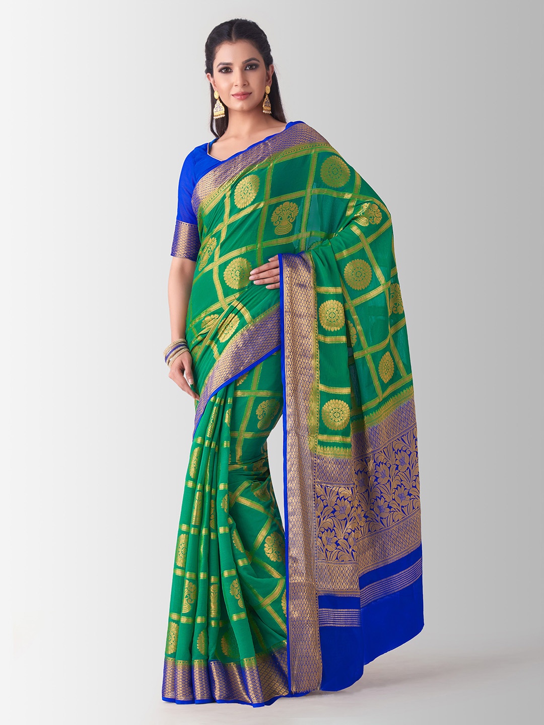 

MIMOSA Green & Blue Poly Chiffon Woven Design Patola Saree