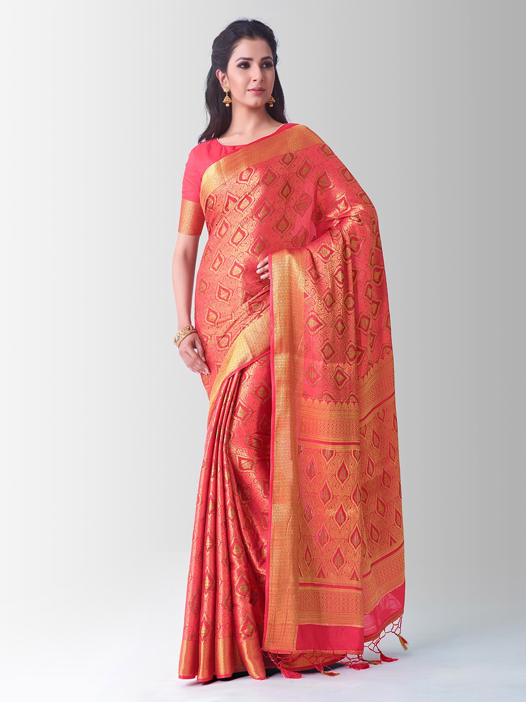

MIMOSA Coral Red Art Silk Embellished Kanjeevaram Saree