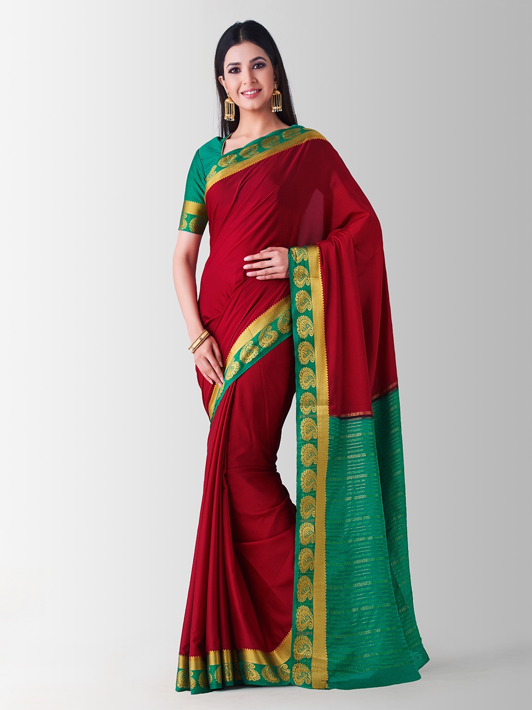 

MIMOSA Maroon & Green Poly Crepe Solid Mysore Silk Saree