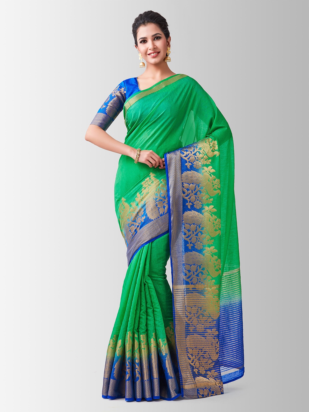 

MIMOSA Green & Blue Linen Blend Woven Design Kanjeevaram Saree