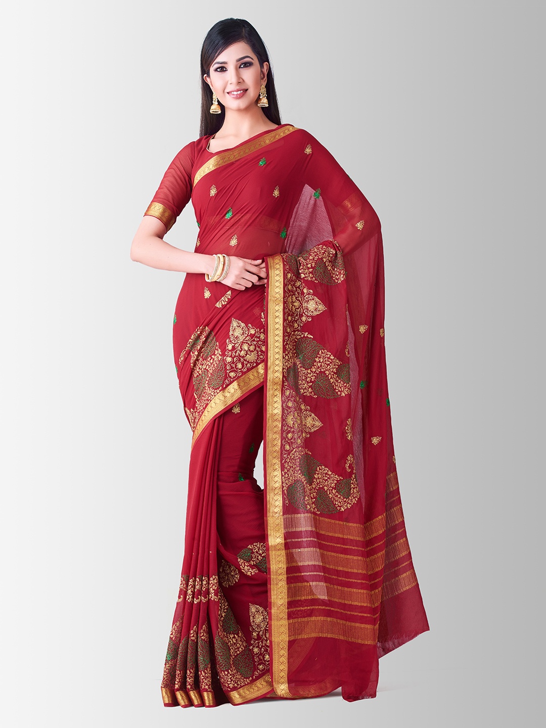 

MIMOSA Maroon Poly Chiffon Embroidered Banarasi Saree