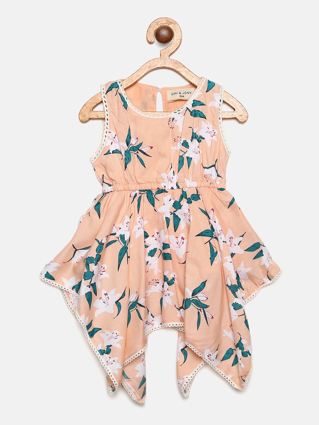 

Gini and Jony Girls Peach-Coloured & Green Printed Fit and Flare Dress