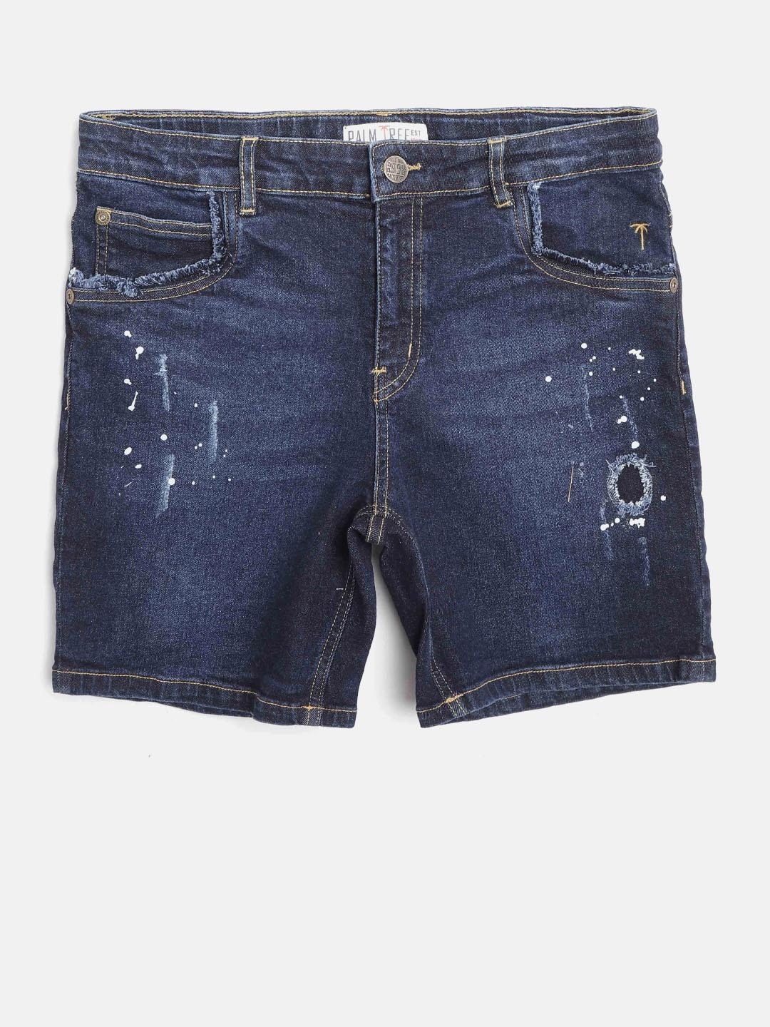 

Palm Tree Boys Navy Blue Washed Regular Fit Denim Shorts with Distressed Detail
