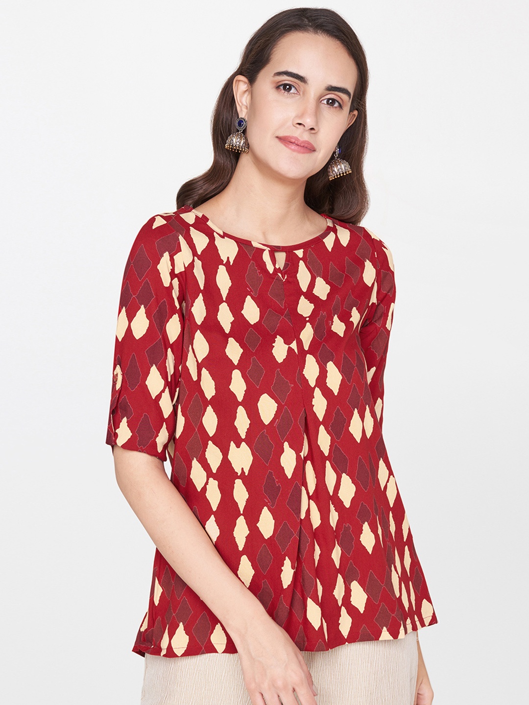 

Global Desi Women Rust & Red Printed Top