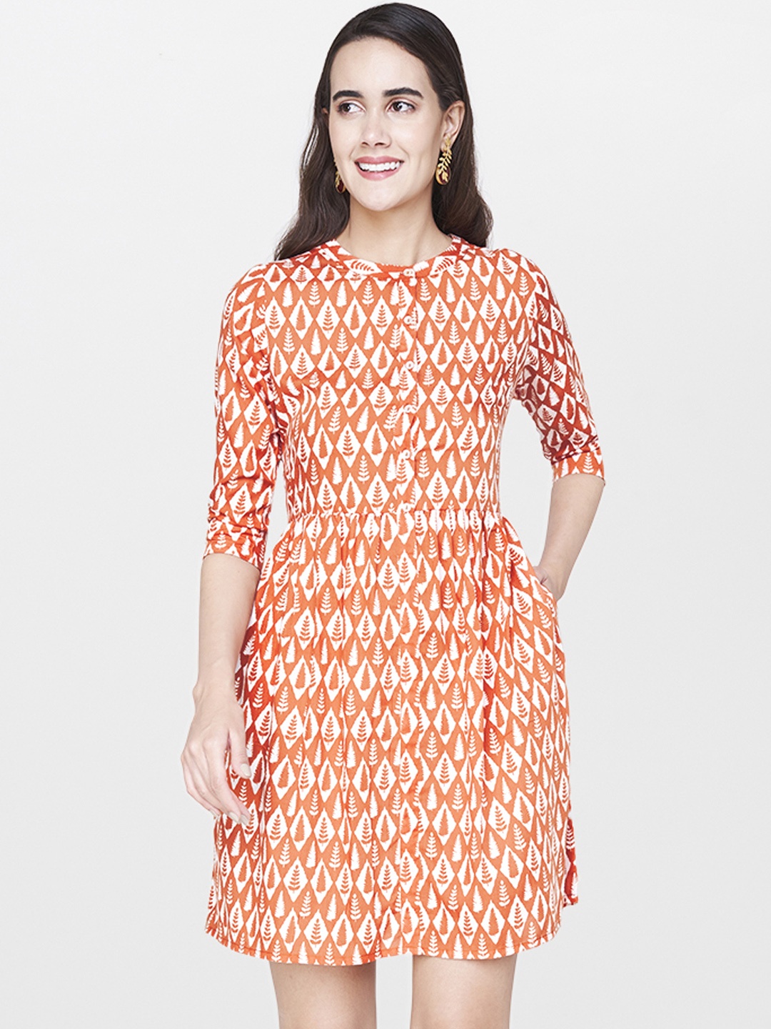 

Global Desi Women Rust Brown & White Printed Fit and Flare Dress
