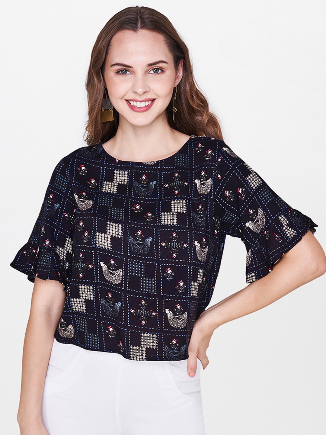 

Global Desi Women Black Printed Top