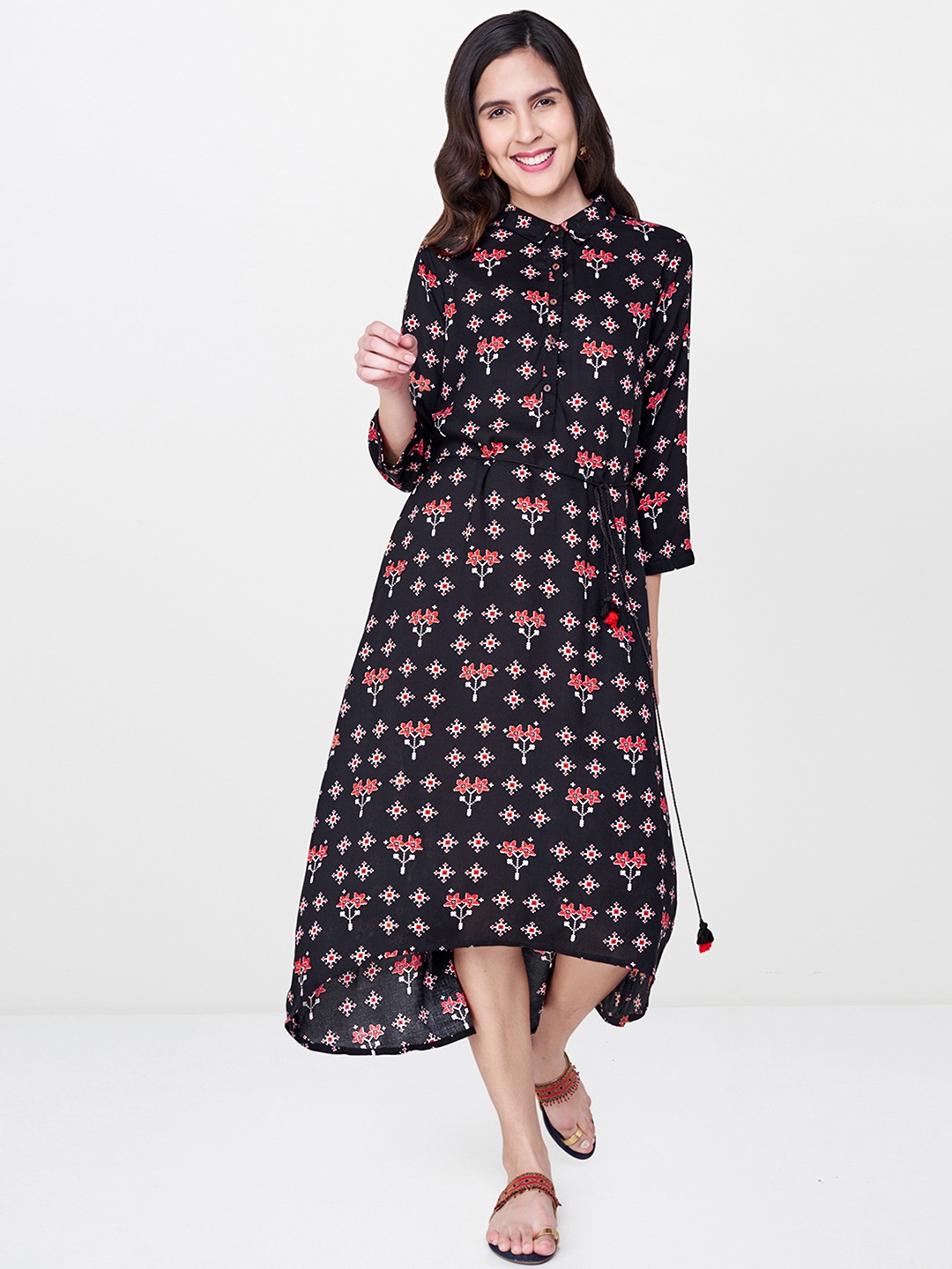 

Global Desi Women Black Floral Printed A-Line Dress