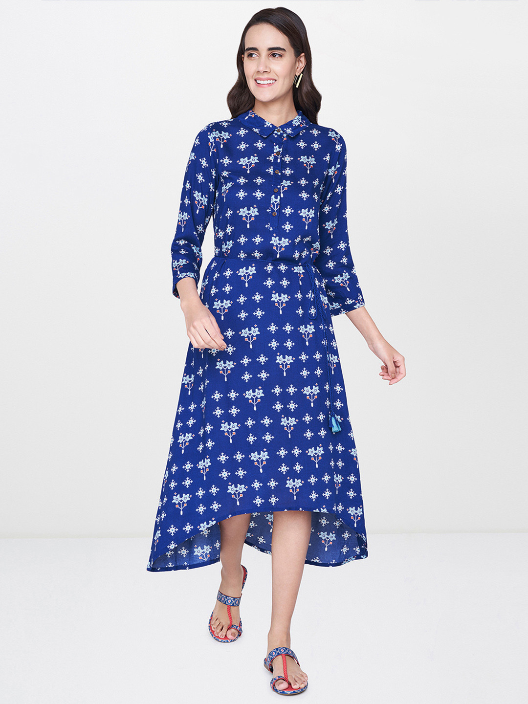 

Global Desi Women Blue Printed A-Line Dress