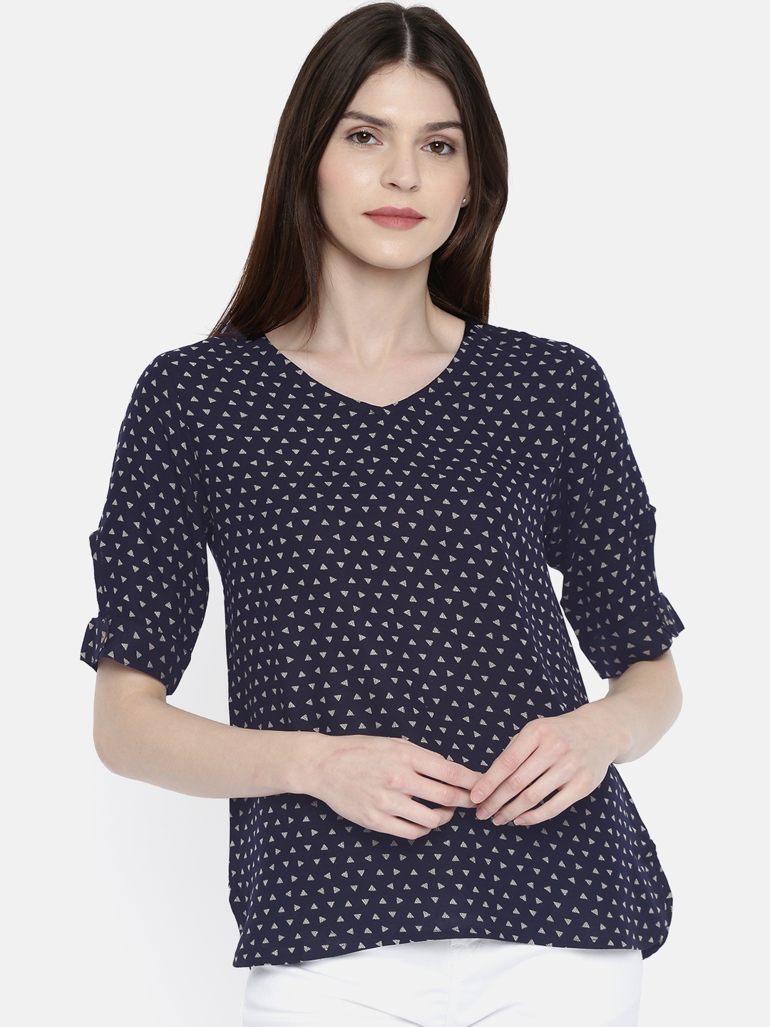 

Global Desi Women Navy Blue Printed Top