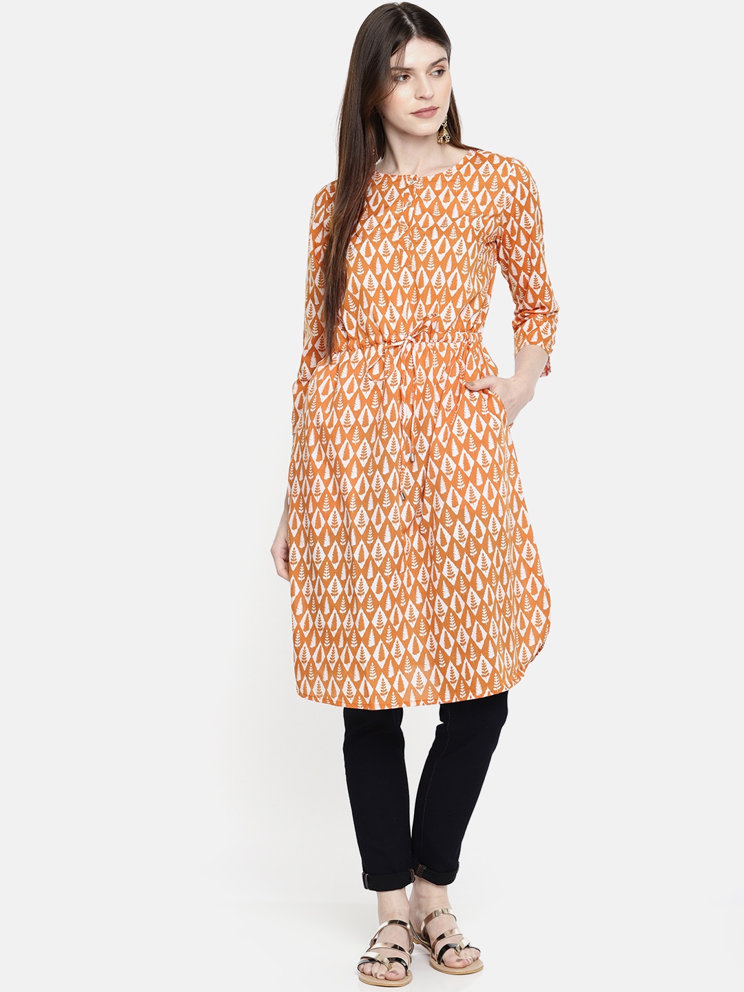

Global Desi Rust & White Printed Tunic
