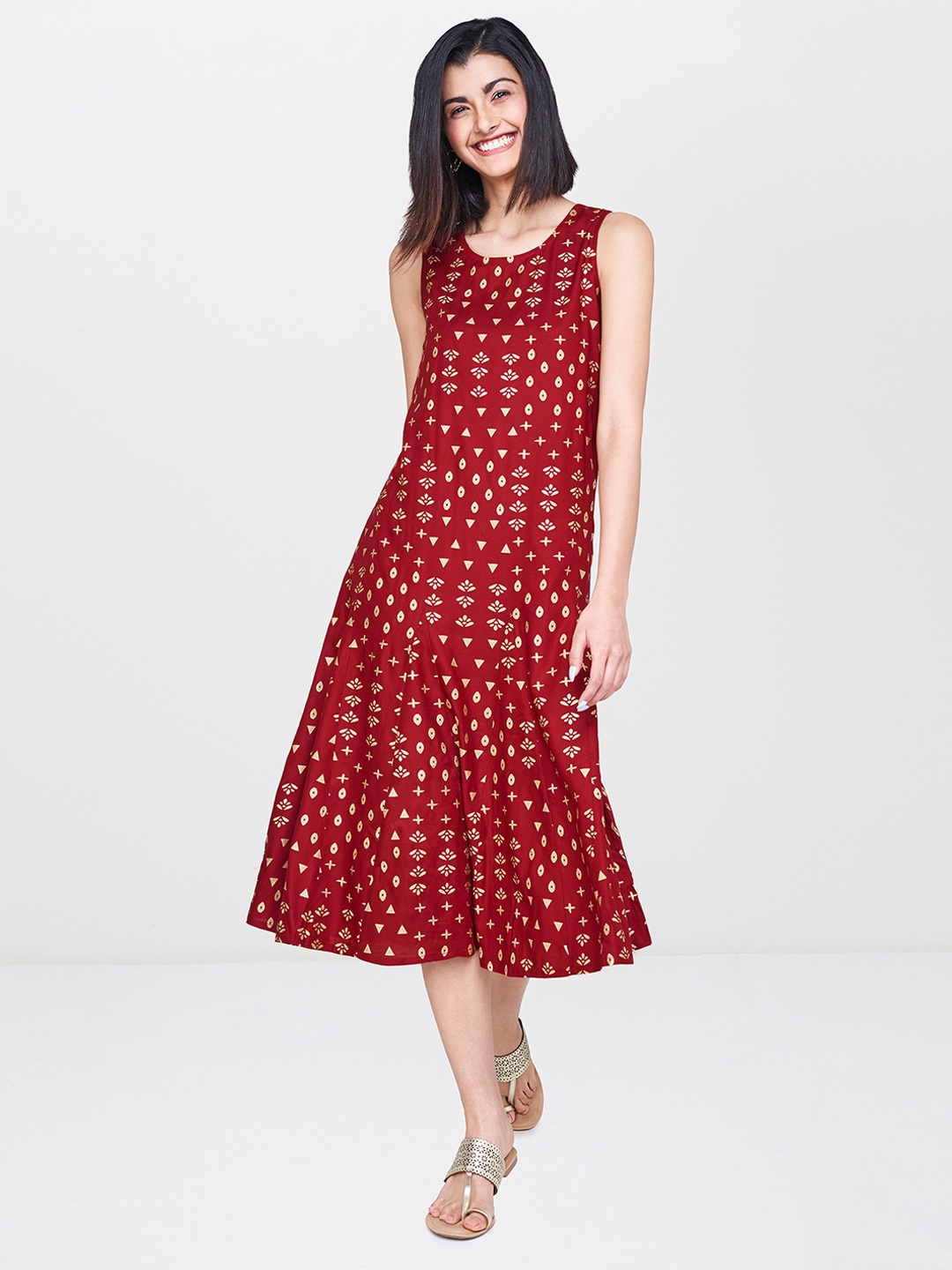 

Global Desi Women Red Printed A-Line Dress