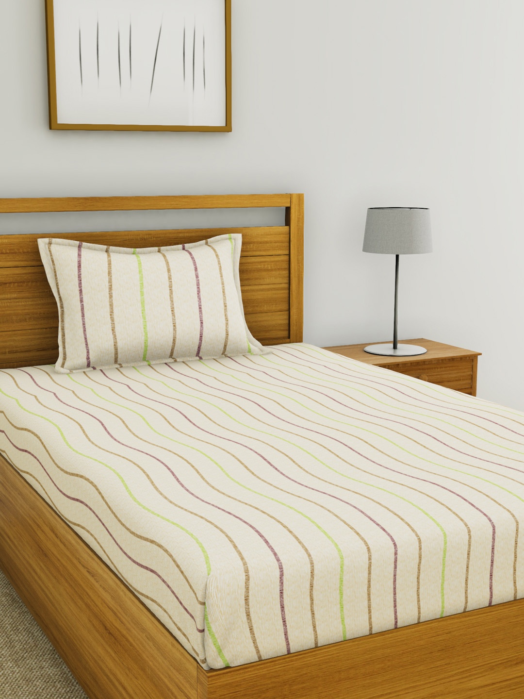 

BIANCA Beige Striped 110 TC Cotton 1 Single Bedsheet with 1 Pillow Covers