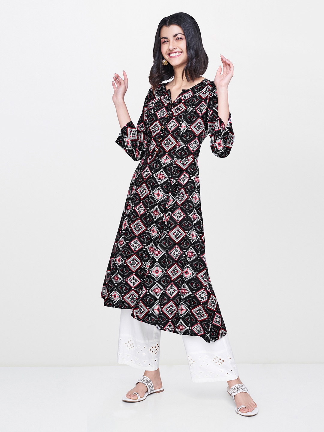 

Global Desi Women Black & Grey Printed A-Line Kurta