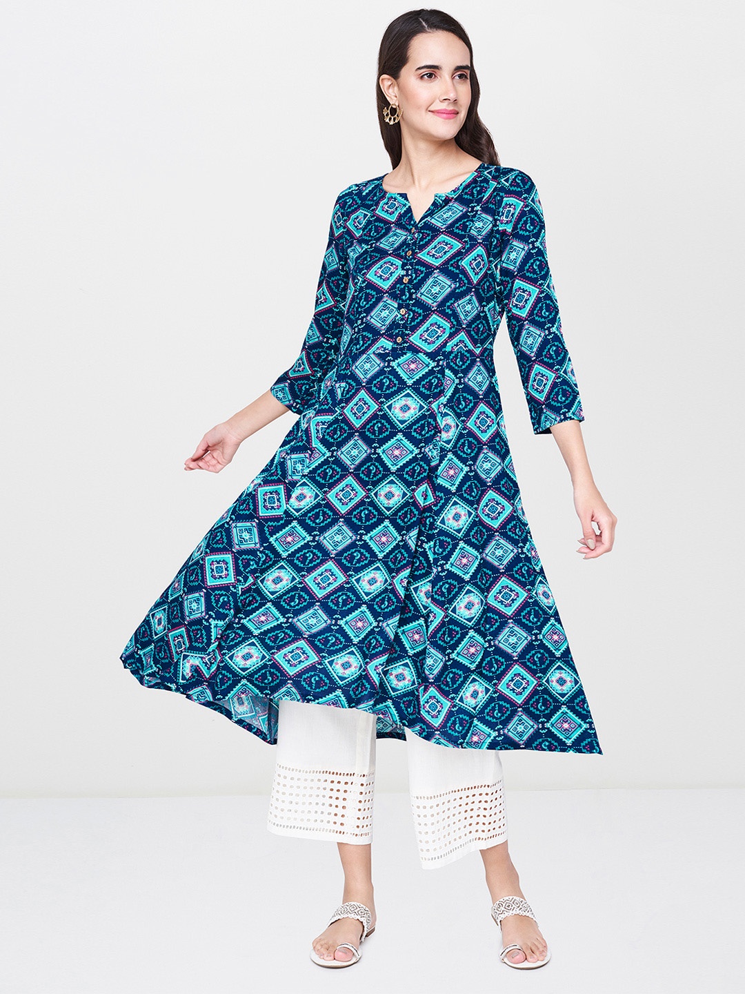 

Global Desi Women Navy Blue Printed A-Line Kurta