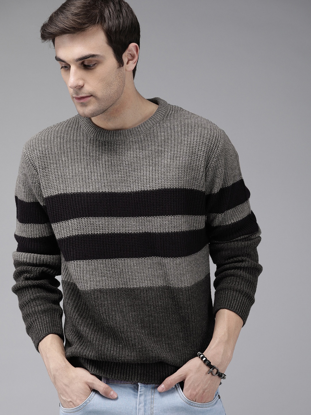 

The Roadster Lifestyle Co Men Charcoal Grey & Navy Blue Striped Sweater