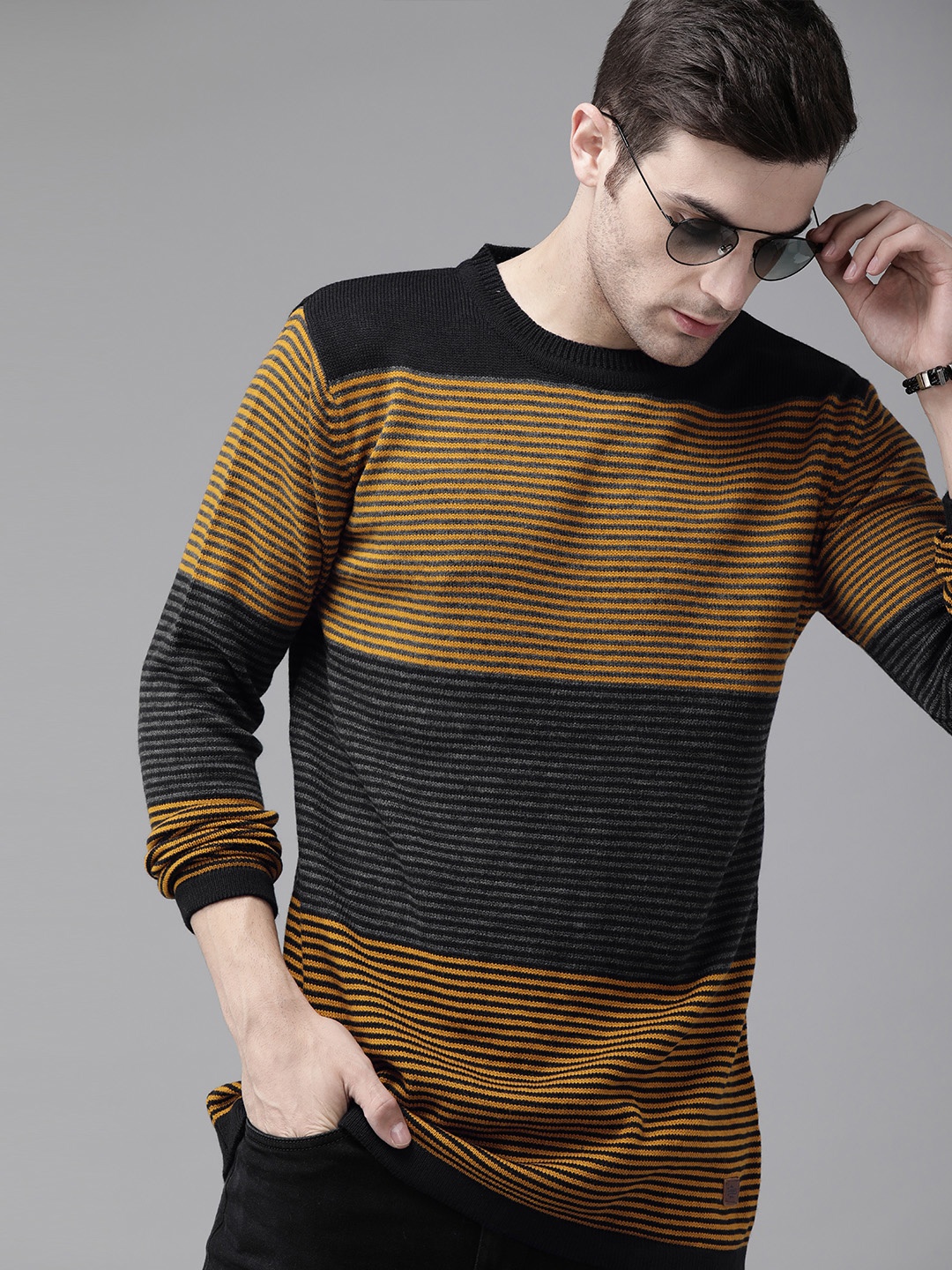 

The Roadster Lifestyle Co Men Navy Blue & Mustard Yellow Striped Pullover Sweater