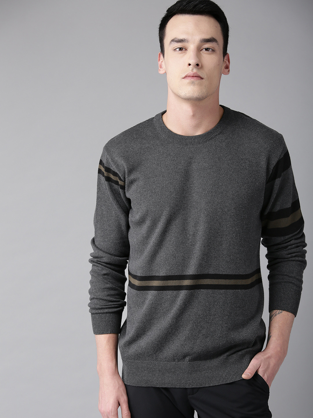 

The Roadster Lifestyle Co Men Charcoal Grey Placement Striped Sweater