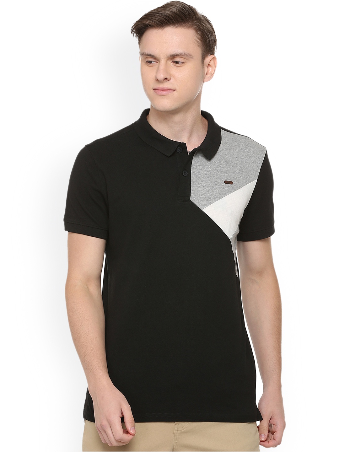 

People Men Black Colourblocked Polo Collar T-shirt