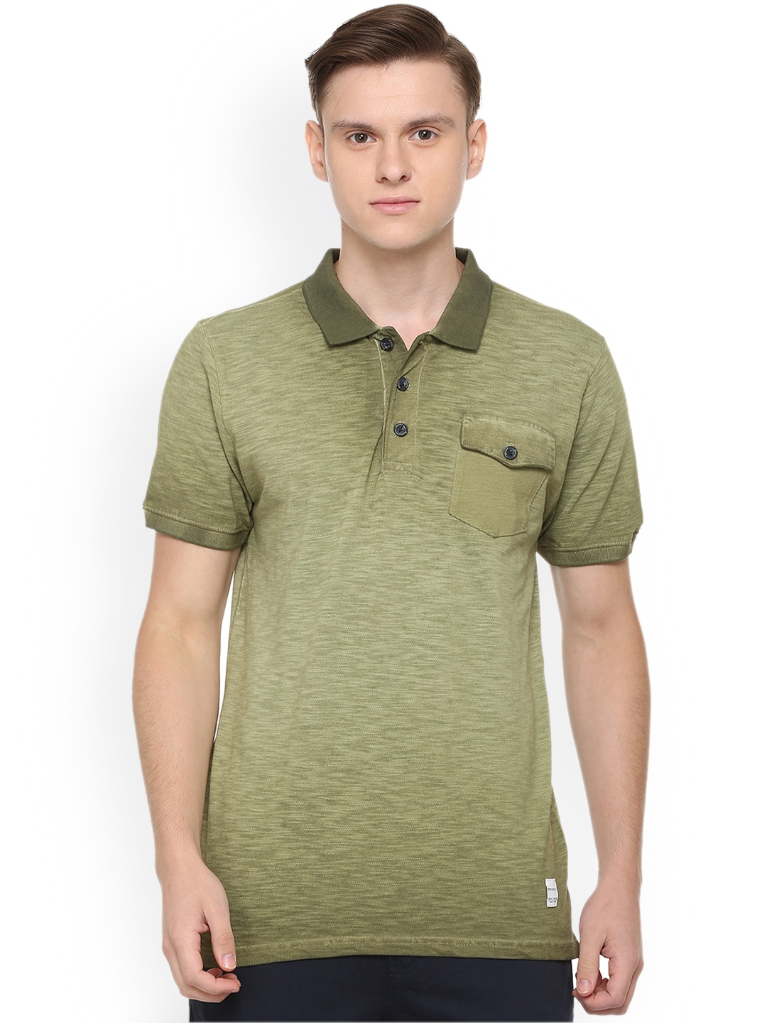 

People Men Green Solid Polo Collar Pure Cotton T-shirt